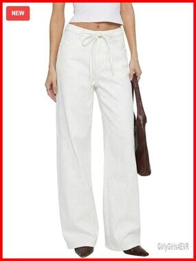 Mid Rise Wide Leg Stretchy Denim Jeans with Drawstring Button Down